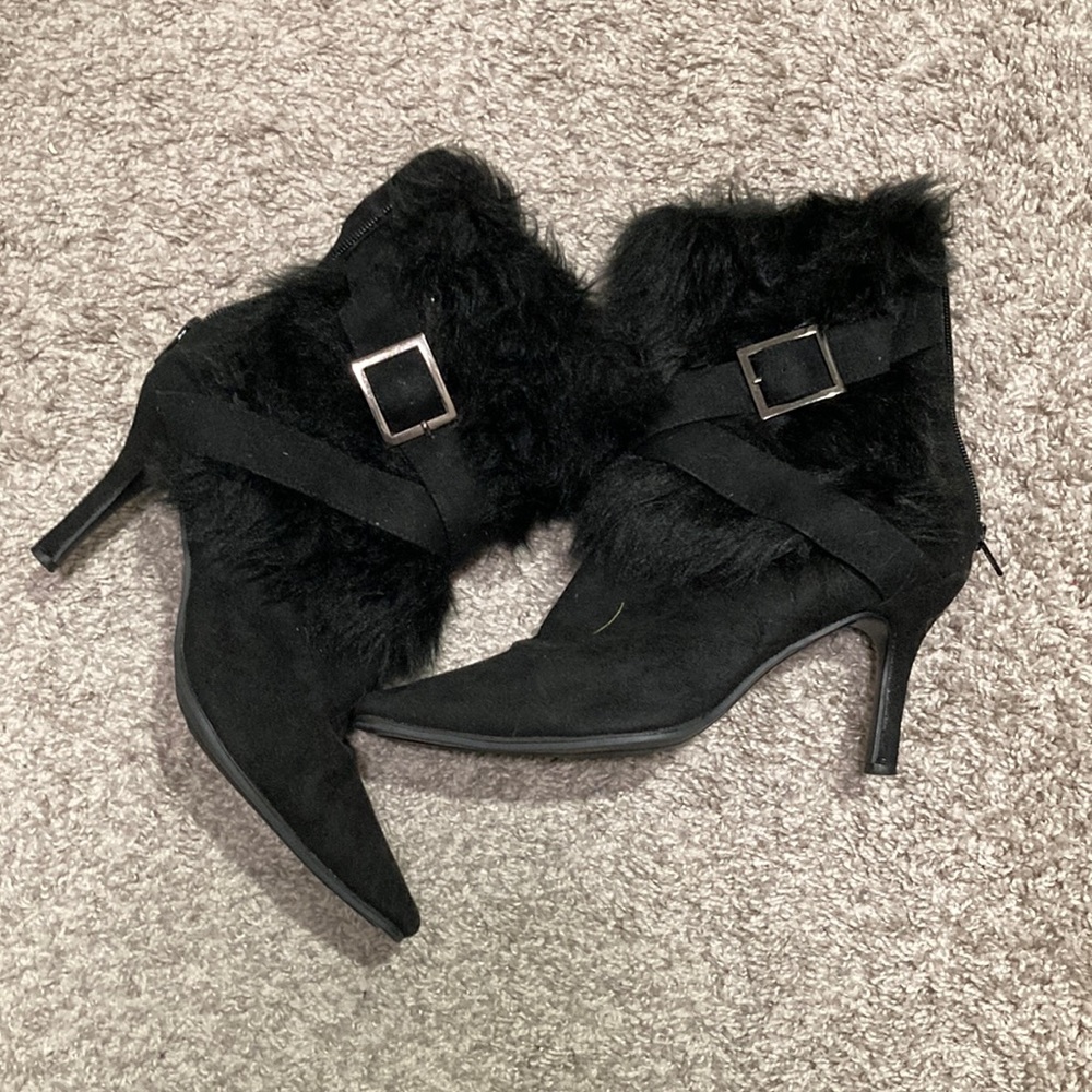 Black faux fur high heel booties